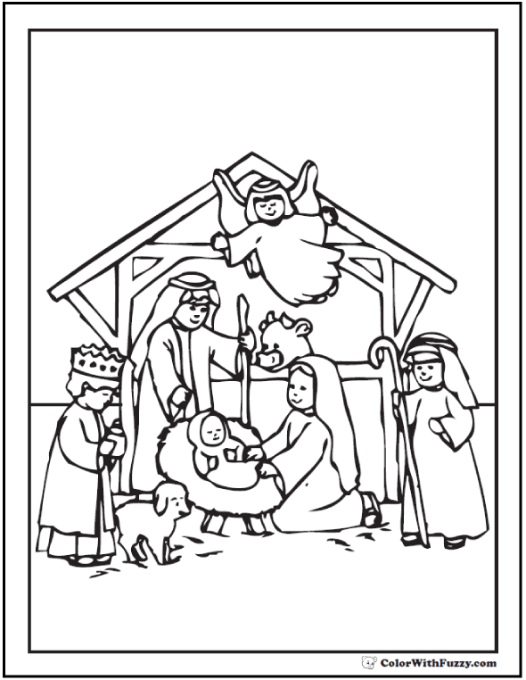 Nativity Scene Coloring Sheet: Angel And Holy Family