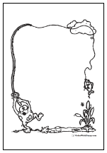 Fun frog coloring page or stationery with fish, pond, and cat tails.