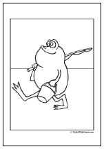 Fishing frog coloring page: Rod, reel, and bucket.