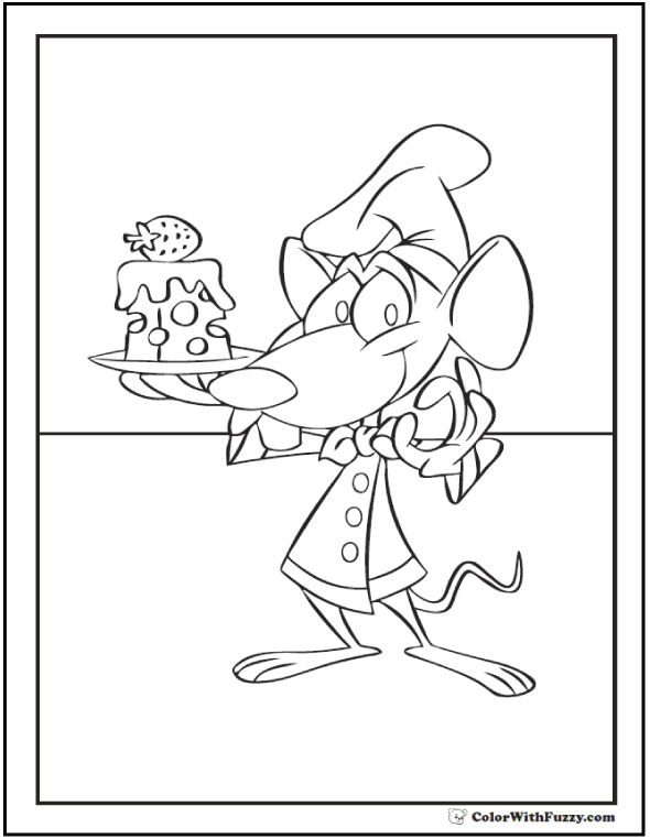 Cartoon mouse holding fancy cheese.