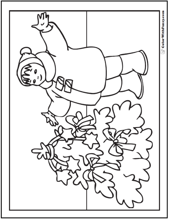 Christmas Coloring Picture: Child and Christmas tree with stars and ribbons.
