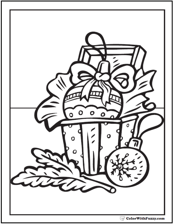 Christmas Treasures Coloring Picture: Ornaments, Ribbon, Treasure Box