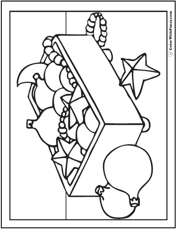 Christmas Tree Ornaments To Color: stars, balls, beads, garland in box.