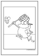 Bee and frog coloring page, catching a bug with a net.