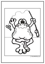 Fun frog coloring pages: Fishing reel and worm on the hook.