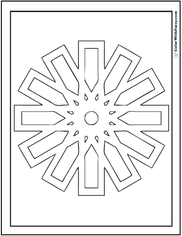 Geometric Free Coloring Pages: Stylized clock or snowflake with 12 points.