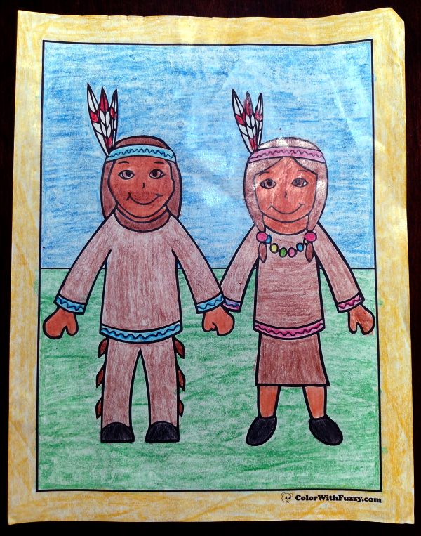 Thanksgiving Coloring Page: Sweet Indian Boy and Girl. Thanksgiving Coloring Sheets: Indians