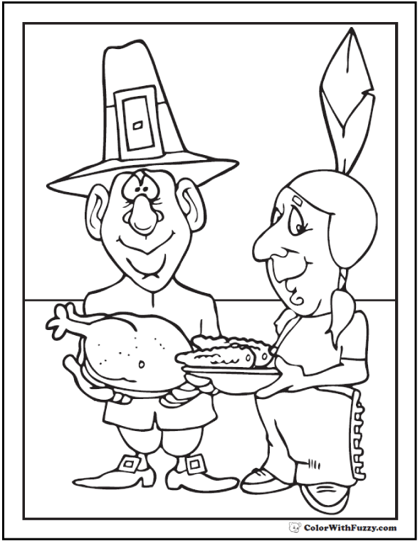Download Pilgrim Indian Coloring Page: Thanksgiving