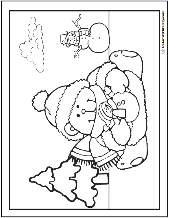 Printable Teddy Bear With Snowman And Evergreen Trees