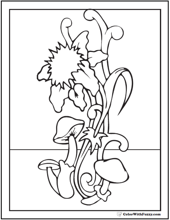 Spring Flowers Coloring Sheet - Stylized mushroom and daffodil.